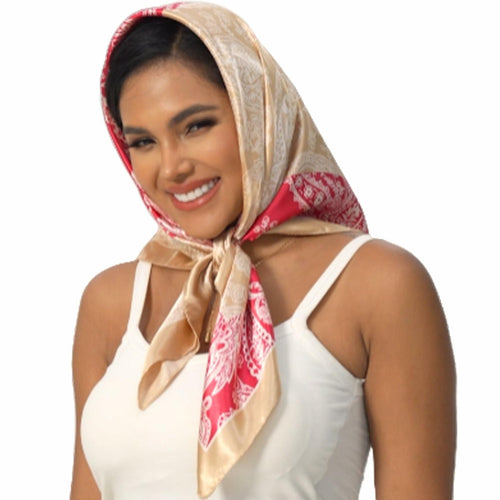 VJHX Paisley Satin Head Scarf Large Square 35in Khaki Pink by Deal US