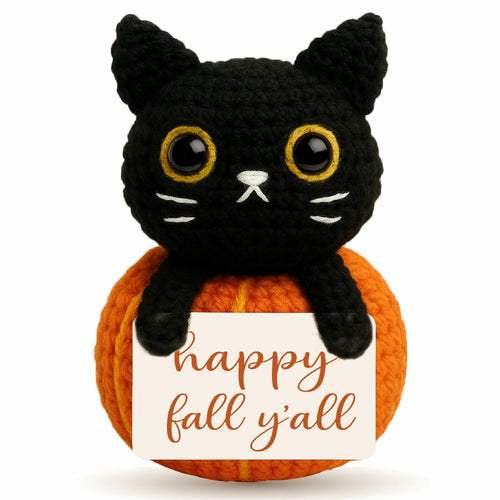 Skyists Crochet Black Cat Plush with Happy Fall Y'All Sign 3.74in Orange Black by Deal US