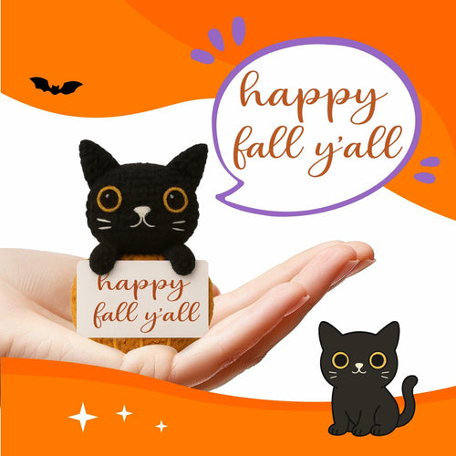 Skyists Crochet Black Cat Plush with Happy Fall Y'All Sign 3.74in Orange Black by Deal US