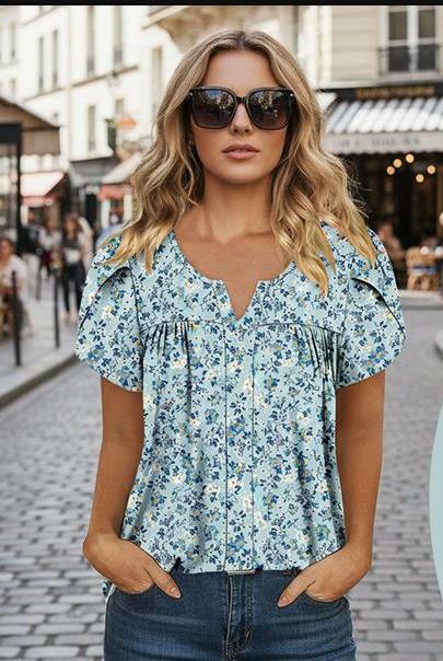 CRAZY GRID Women's Puff Lace Short Sleeve Blouse Blue Gardenia Size 3XL by Deal US