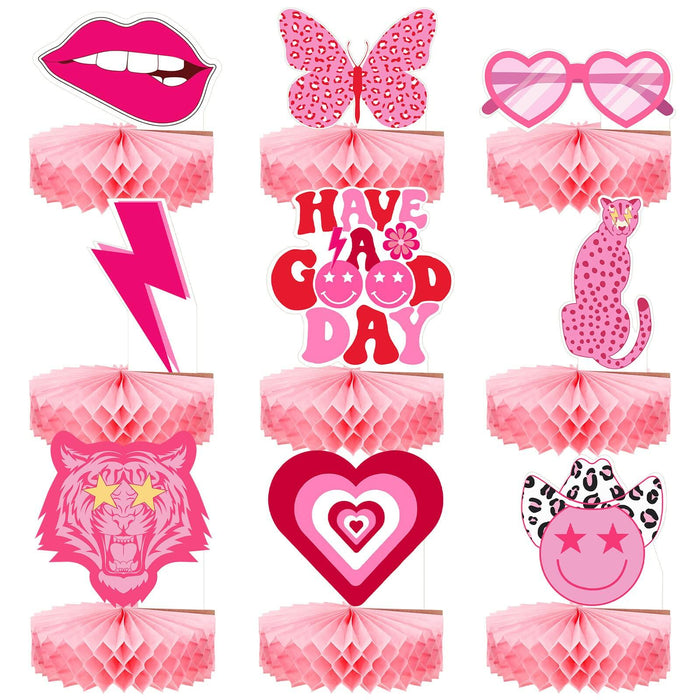 Sinmoe 9pcs Hot Pink Preppy Honeycomb Table Centerpiece Party Decor by Deal US
