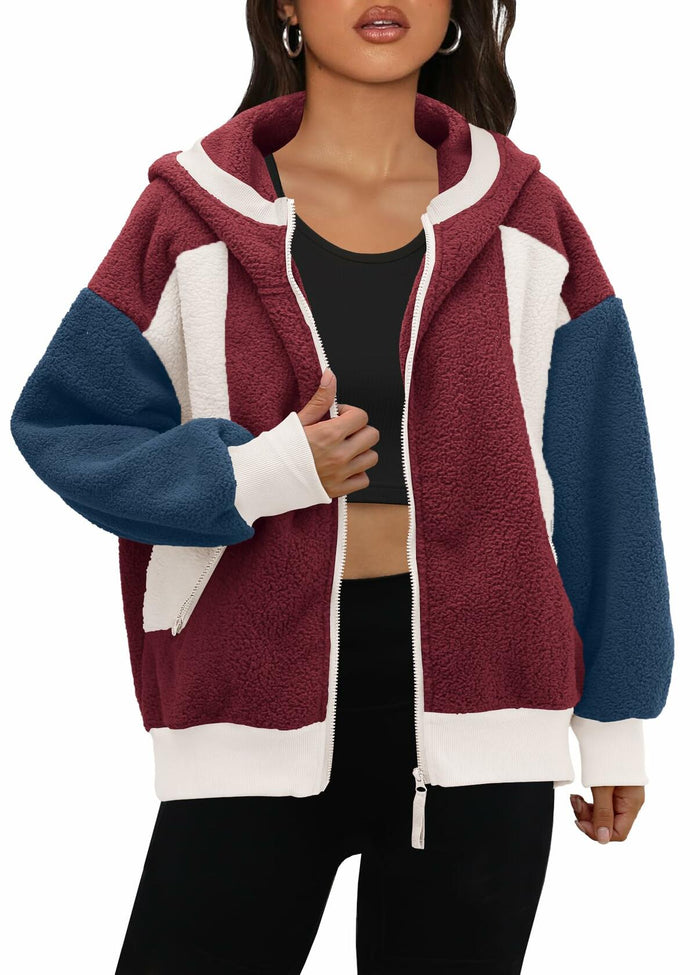 Panadila Womens Fuzzy Fleece Zip Up Oversized Hoodie Burgundy Navy Combo Size M by Deal US