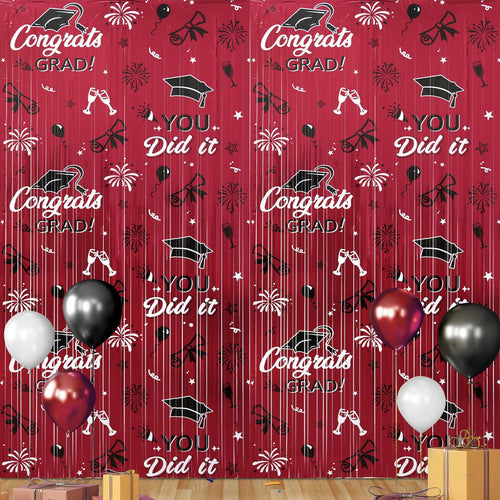 Pedel 2025 Graduation Foil Fringe Curtains 2 Pack 3.2x6.5ft Maroon Black by Deal US