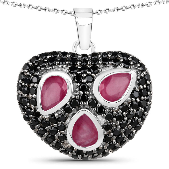 Genuine Ruby and Black Spinel Heart Pendant Necklace by Fine Color Jewels