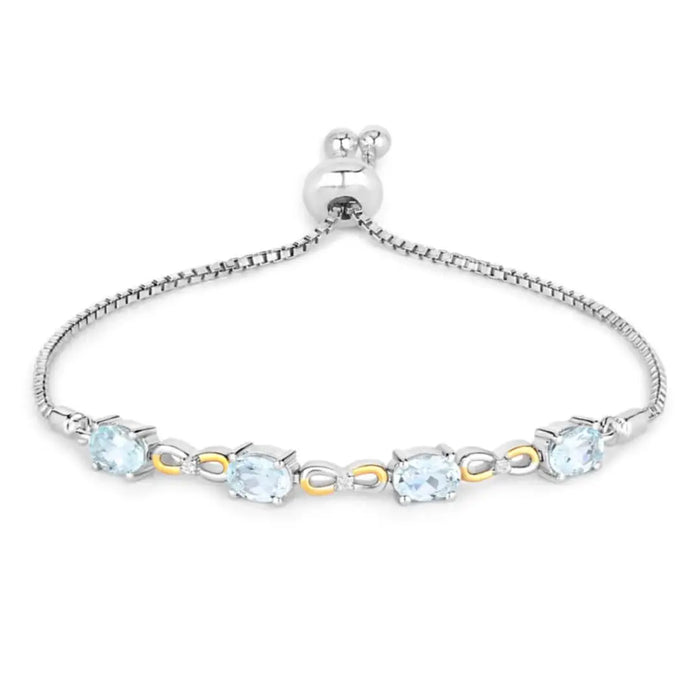 Oval Blue Aquamarine Prong Two-Tone Gold Plated Silver Infinity Bolo Adjustable Bracelet by Fine Color Jewels