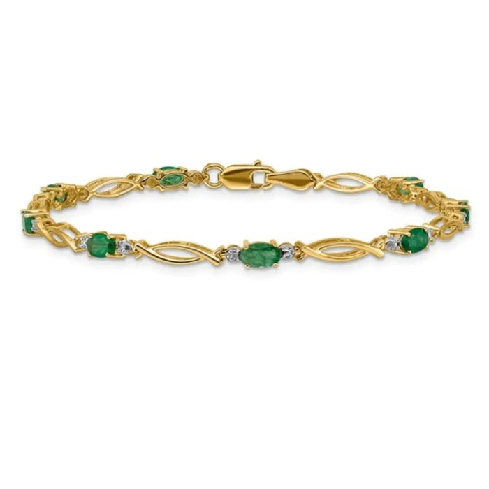 Oval Green Emerald & Diamond Prong 14K Yellow Gold Infinity Link Bracelet by Fine Color Jewels