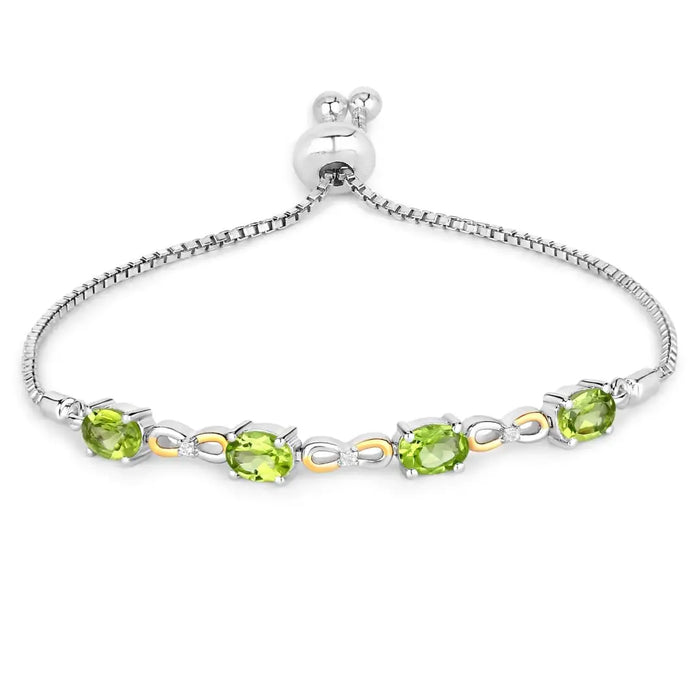 Oval Green Peridot Prong Two-Tone Gold Plated Silver Infinity Bolo Adjustable Bracelet by Fine Color Jewels