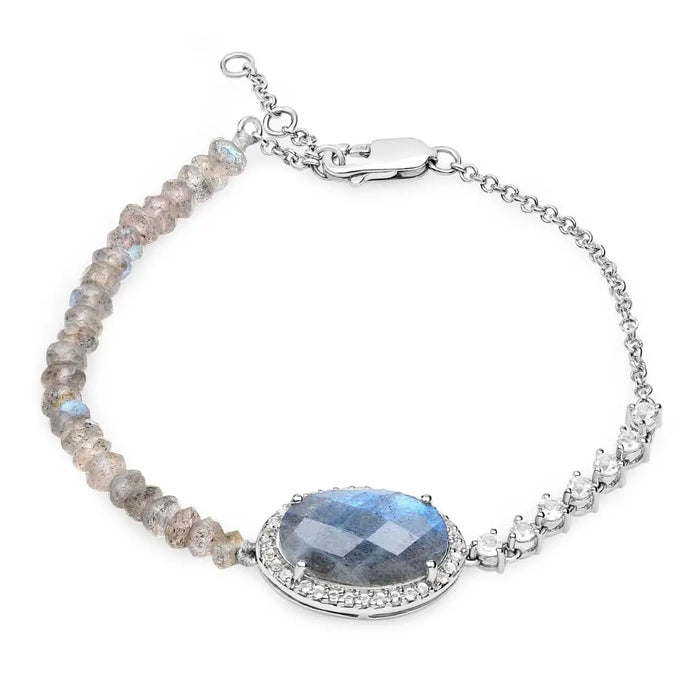 Oval Labradorite Prong Silver Asymmetrical Faceted Bead Tennis Chain Bracelet by Fine Color Jewels