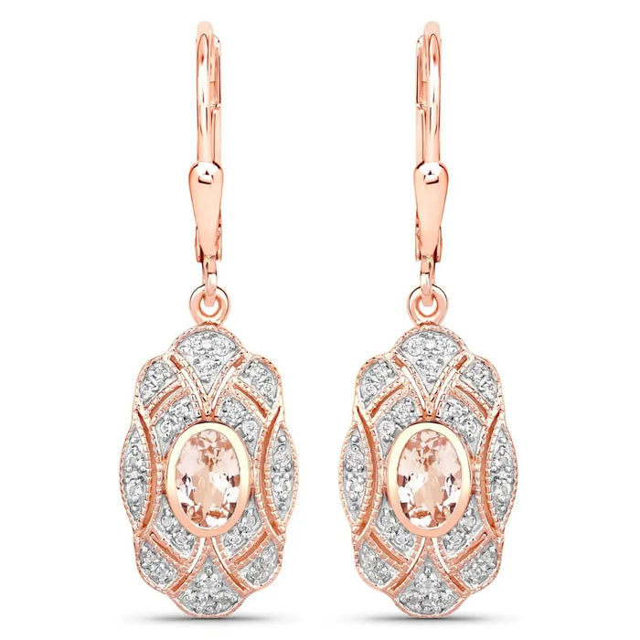 Oval Pink Morganite Bezel 18K Rose Gold Plated Silver Lever Back Dangle Earrings by Fine Color Jewels