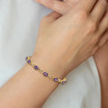 Oval Purple Amethyst & Diamond Prong 14K Yellow Gold Link Bracelet by Fine Color Jewels