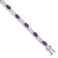 Oval Purple Amethyst Prong Rhodium Plated Sterling Silver Bar Link Bracelet by Fine Color Jewels