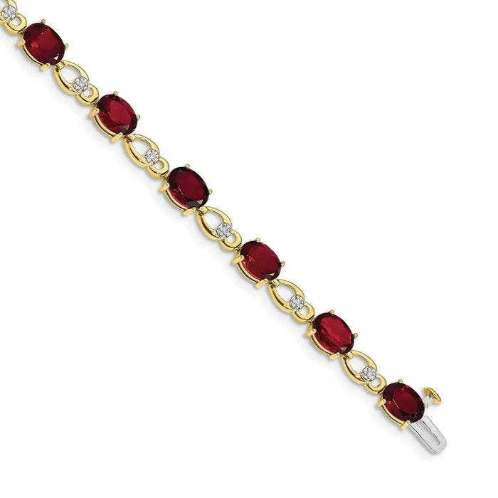 Oval Red Garnet & Diamond Prong 14K Yellow Gold Link Bracelet by Fine Color Jewels
