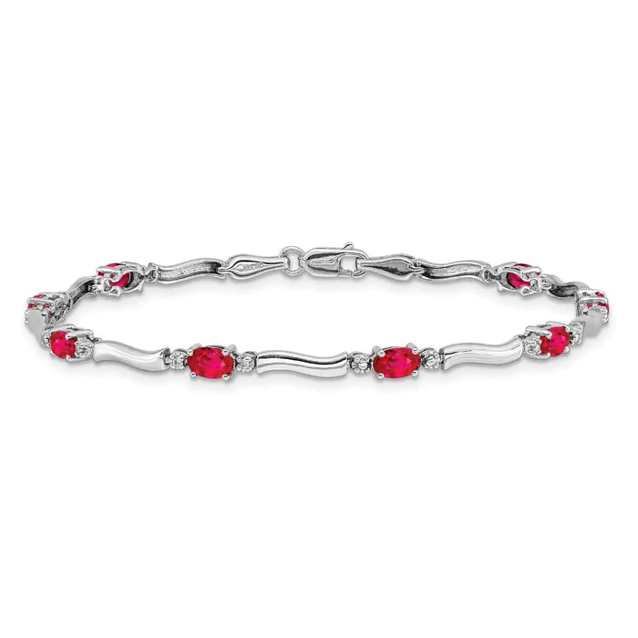 Oval Red Ruby & Diamond Prong 14K White Gold Wave Link Bracelet by Fine Color Jewels