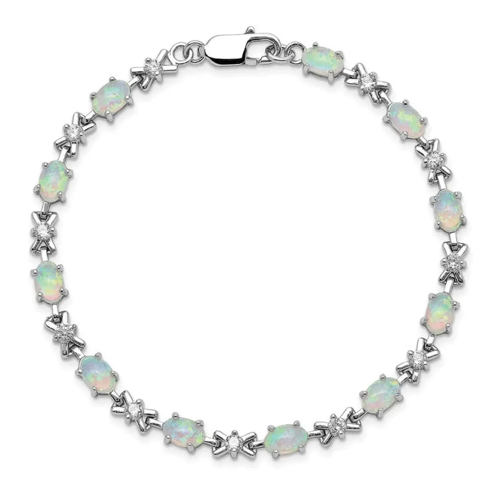 Oval White Created Opal & CZ Prong Sterling Silver X Link Bracelet by Fine Color Jewels