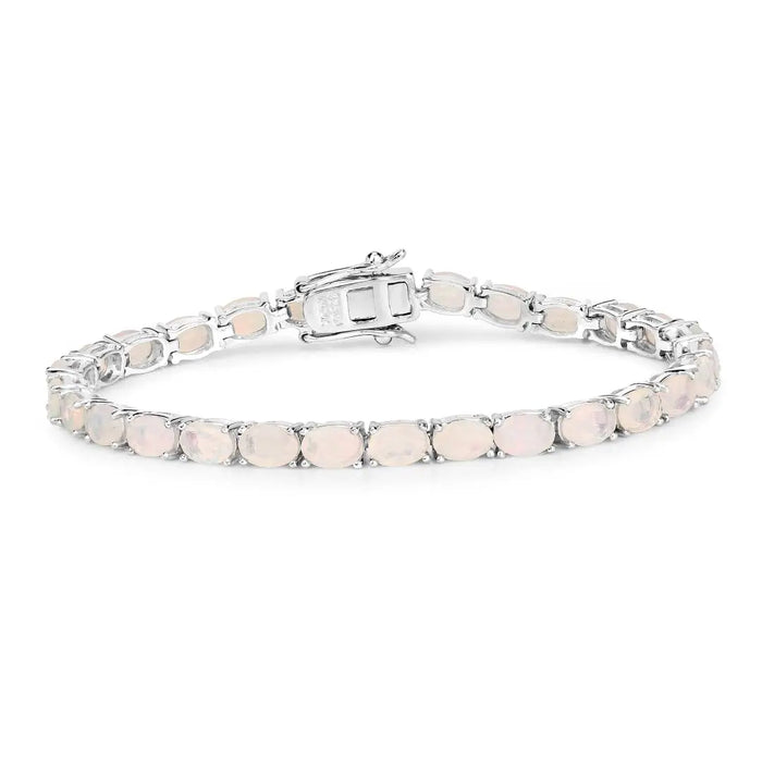 Oval White Ethiopian Opal Prong Silver Tennis Bracelet by Fine Color Jewels