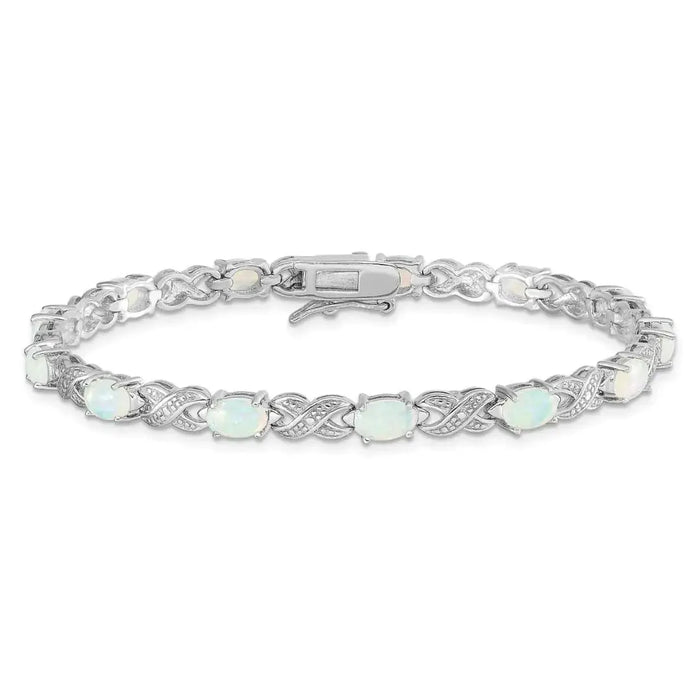 Oval White Genuine Opal & Diamond Prong Sterling Silver Infinity Link Bracelet by Fine Color Jewels