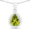1.46 Ct Pear Green Peridot Lab Diamond Prong Silver Halo Teardrop Pendant Necklace