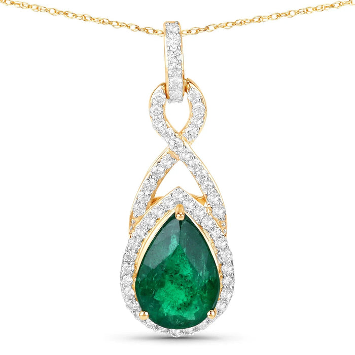 Genuine Zambian Emerald and White Diamond 14K Gold Crossover Pendant by Fine Color Jewels