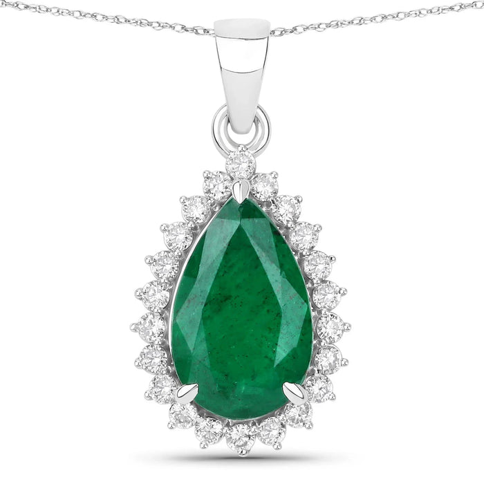 Genuine Zambian Emerald and White Diamond 14K White Gold Pendant by Fine Color Jewels
