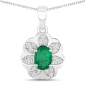 0.72 Ct Oval Green Zambian Emerald & Diamond Prong Silver Floral Pendant Necklace by Fine Color Jewels