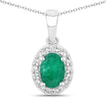 0.72 Ct Oval Green Zambian Emerald & Lab Diamond Prong Silver Halo Pendant Necklace by Fine Color Jewels