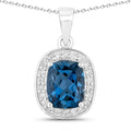 2.01 Ct Cushion London Blue Topaz and Lab Diamond Prong Silver Halo Pendant Necklace by Fine Color Jewels