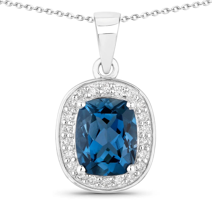2.01 Ct Cushion London Blue Topaz and Lab Diamond Prong Silver Halo Pendant Necklace by Fine Color Jewels
