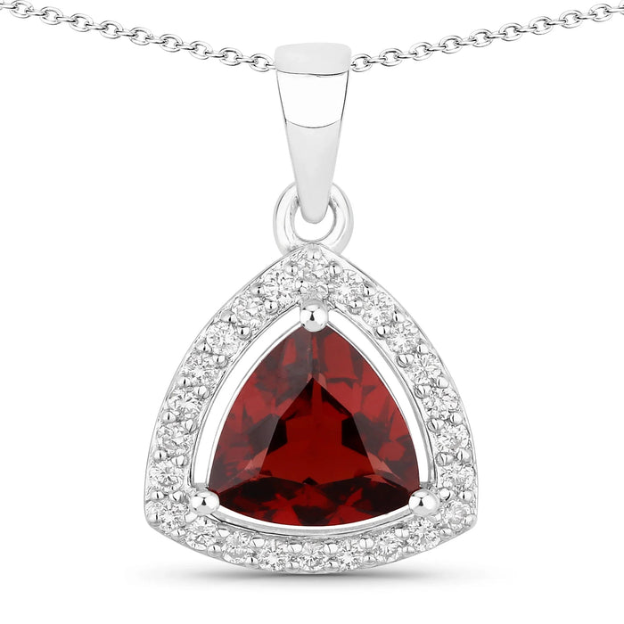 2 Ct Trillion Red Garnet and Lab Diamond Prong Silver Halo Pendant Necklace by Fine Color Jewels
