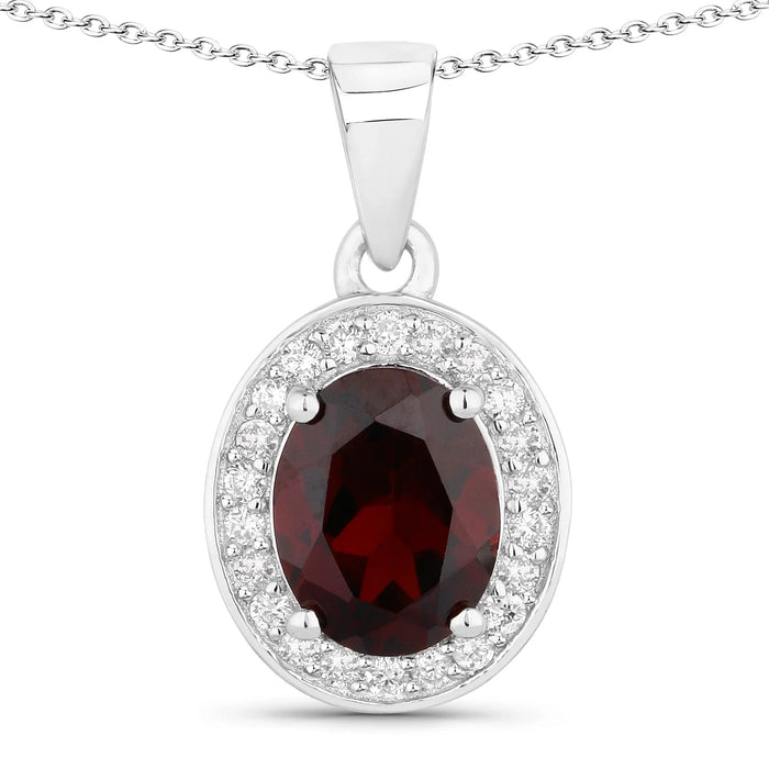 2 Ct Oval Red Garnet Lab Diamond Prong Silver Halo Pendant Necklace by Fine Color Jewels