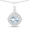 0.75 Ct Cushion Blue Aquamarine and Lab Diamond Prong Silver Halo Pendant Necklace
