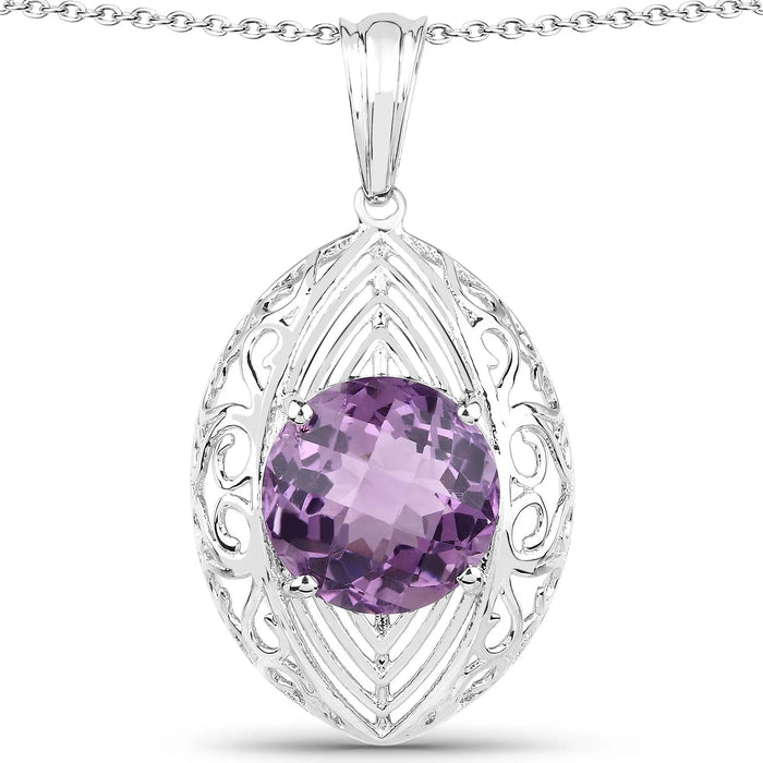 5.87 Ct Round Purple Amethyst Prong Silver Solitaire Pendant Necklace by Fine Color Jewels