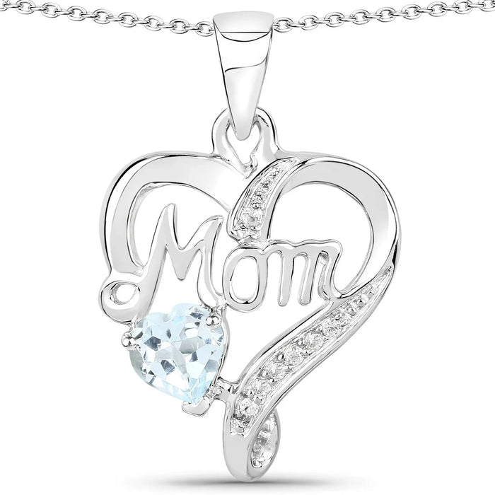 0.50 Ct Heart Blue Topaz Prong Silver Double Heart Mom Pendant Necklace by Fine Color Jewels