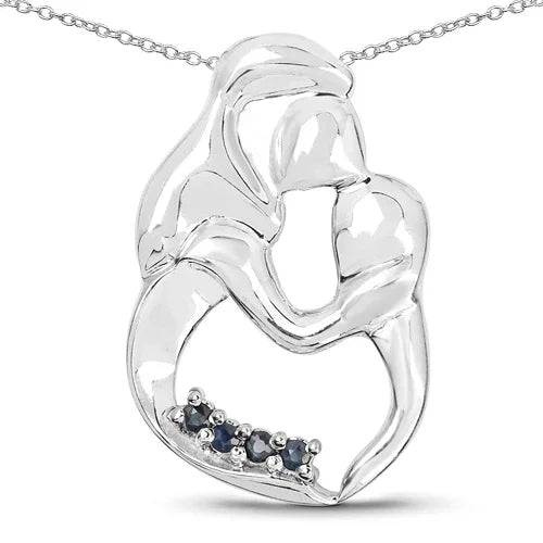 0.18 Ct Round Blue Sapphire Prong Silver Mom Pendant Necklace by Fine Color Jewels