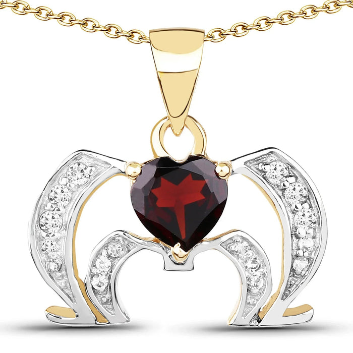 Heart Red Garnet Prong Silver Pendant Necklace by Fine Color Jewels