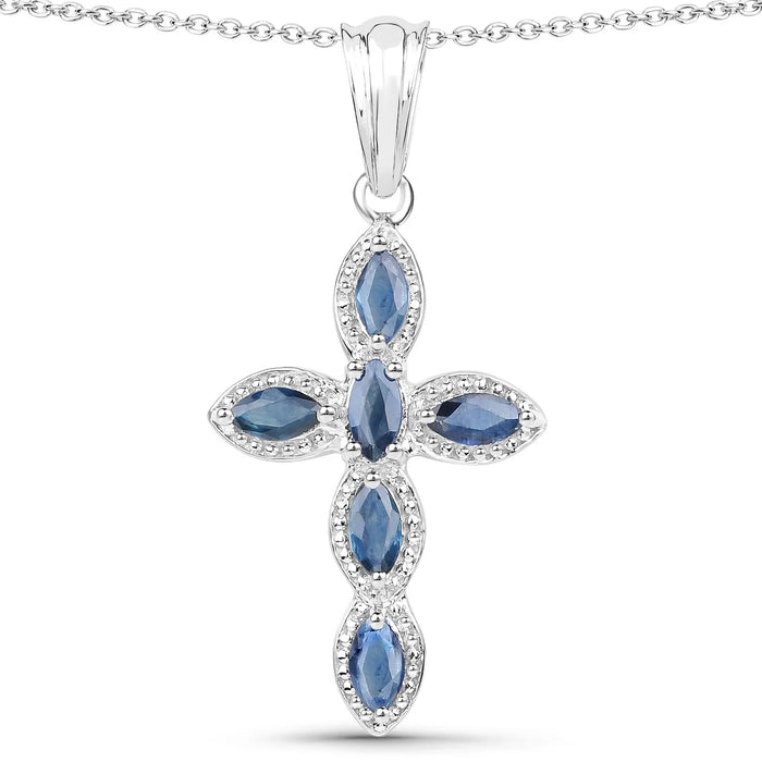0.90 Ct Marquise Blue Sapphire Prong Silver Cross Pendant Necklace by Fine Color Jewels