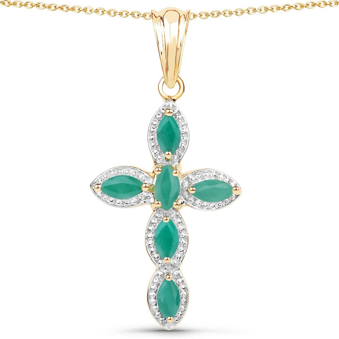 0.84 Ct Marquise Green Emerald Prong Silver Cross Pendant Necklace by Fine Color Jewels