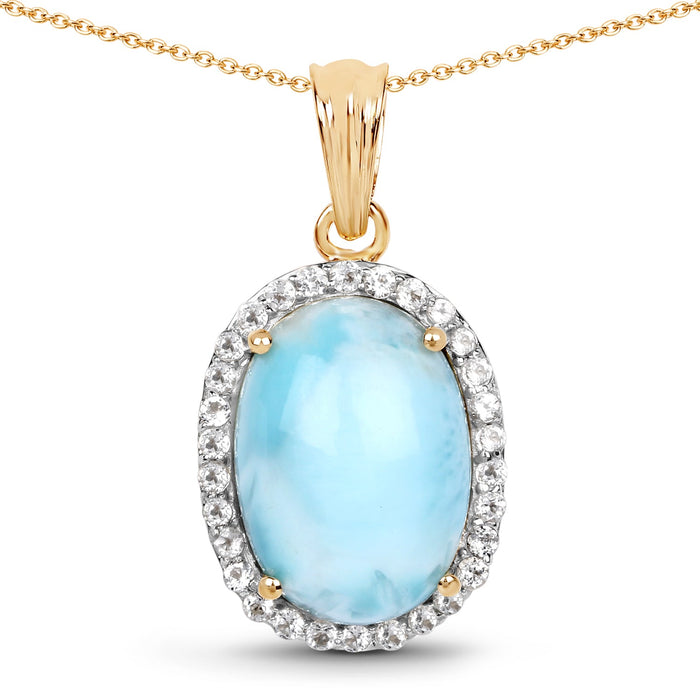 14K Yellow Gold Plated 13.55 Carat Genuine Larimar and White Topaz .925 Sterling Silver Pendant by Avera Group