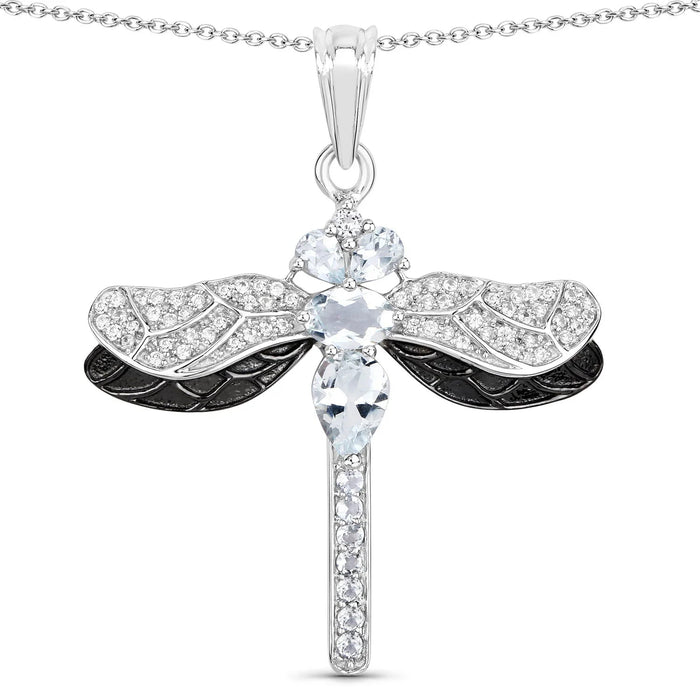 1.86 Ct Blue Aquamarine Prong Sterling Silver Dragonfly Pendant Cable Chain Necklace by Fine Color Jewels