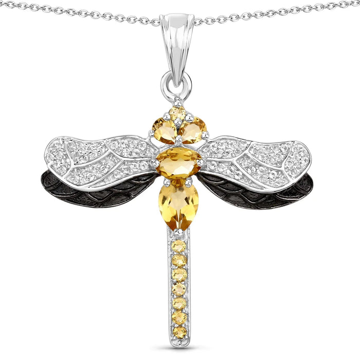 1.79 Ct Yellow Citrine Prong Sterling Silver Dragonfly Pendant Cable Chain Necklace by Fine Color Jewels