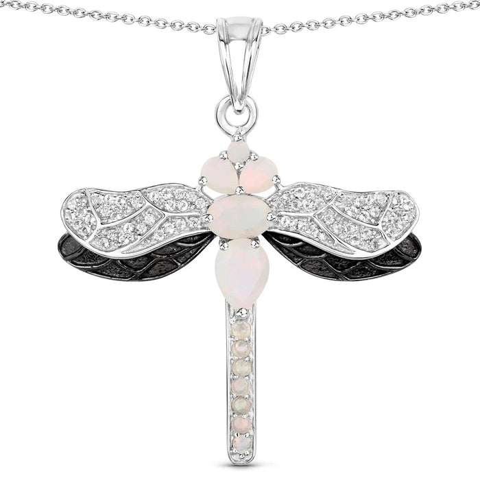 1.41 Ct White Ethiopian Opal Prong Silver Dragonfly Pendant Cable Chain Necklace by Fine Color Jewels