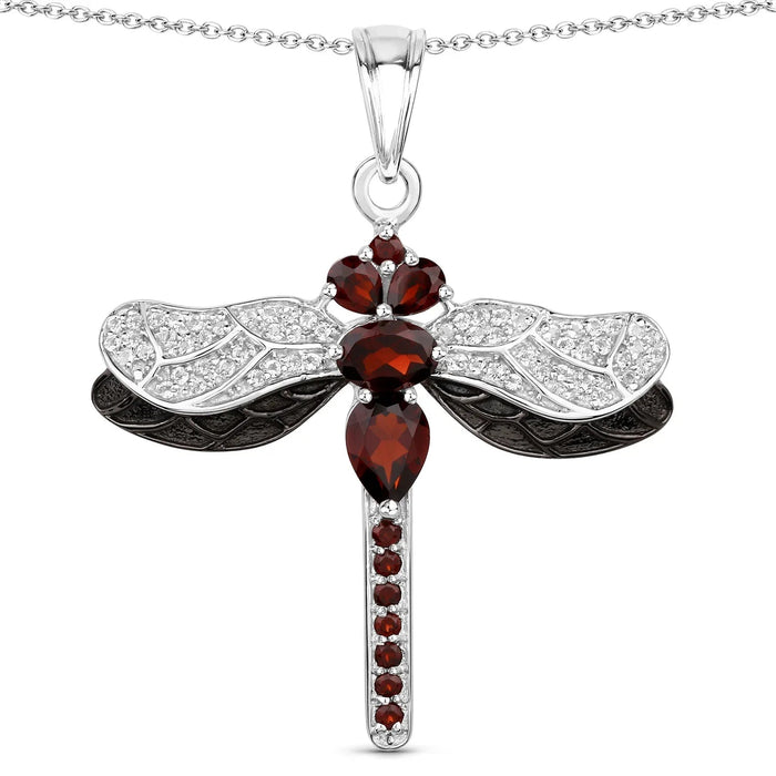 2.29 Ct Red Garnet Prong Silver Dragonfly Pendant Cable Chain Necklace by Fine Color Jewels
