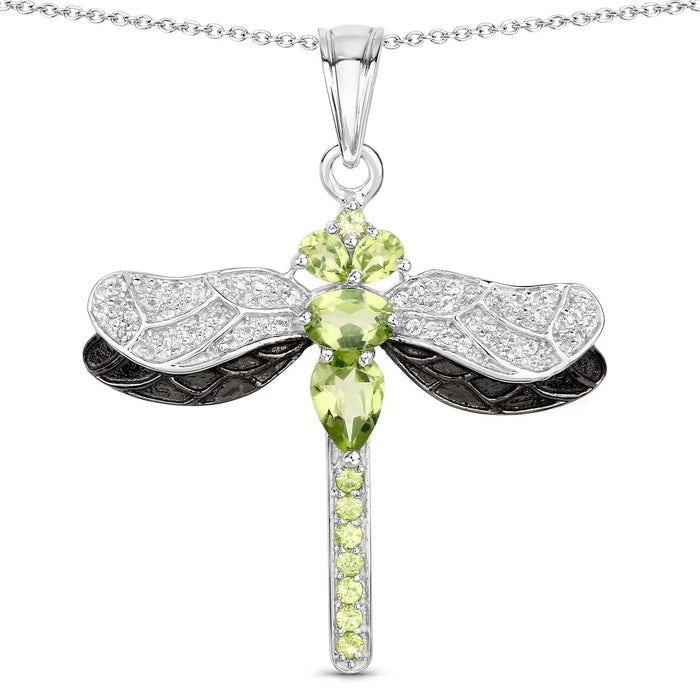 1.98 Ct Green Peridot Prong Sterling Silver Dragonfly Pendant Cable Chain Necklace by Fine Color Jewels