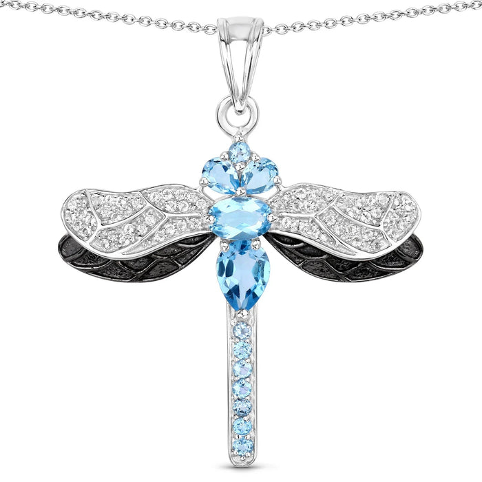 2.30 Ct Swiss Blue Topaz Prong Silver Dragonfly Pendant Cable Chain Necklace by Fine Color Jewels