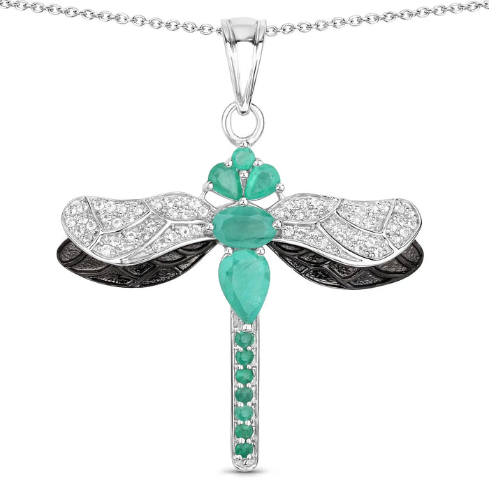 1.87 Ct Green Zambian Emerald Prong Sterling Silver Dragonfly Pendant Cable Chain Necklace by Fine Color Jewels