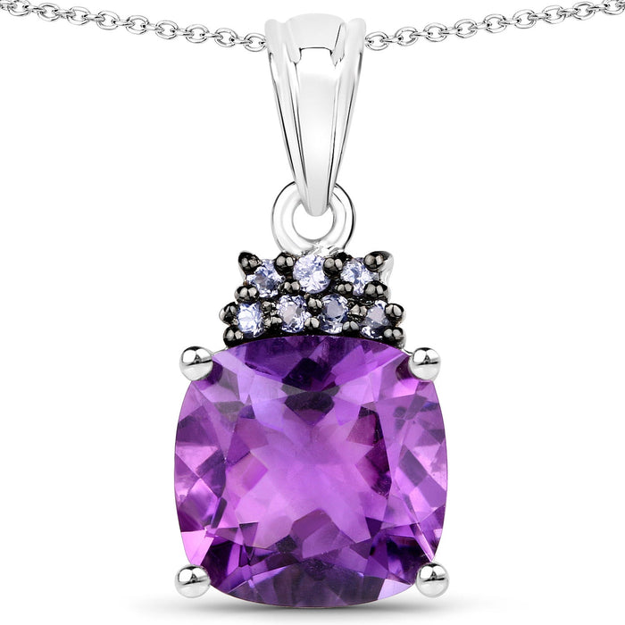 6.10 Ct Cushion Purple Amethyst Prong Silver Pendant Necklace by Fine Color Jewels
