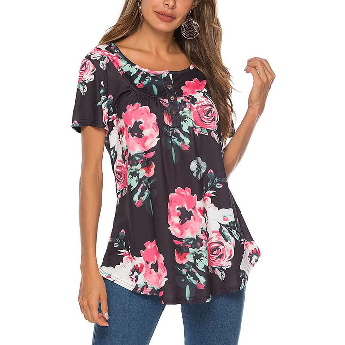 Paisley Printed Button Up Top Short Sleeve V Neck Pleated Casual Loose Flare Tunic Blouse Henley Shirt by DailySale