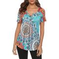 Paisley Printed Button Up Top Short Sleeve V Neck Pleated Casual Loose Flare Tunic Blouse Henley Shirt by DailySale