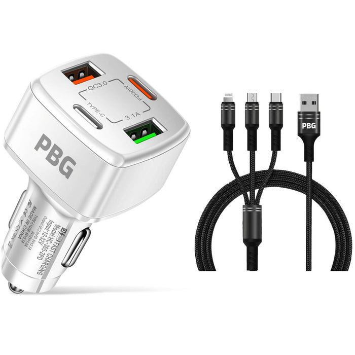 PBG 4 Port Car Charger and 4FT - 3 in 1 Nylon Cable Combo by DailySale