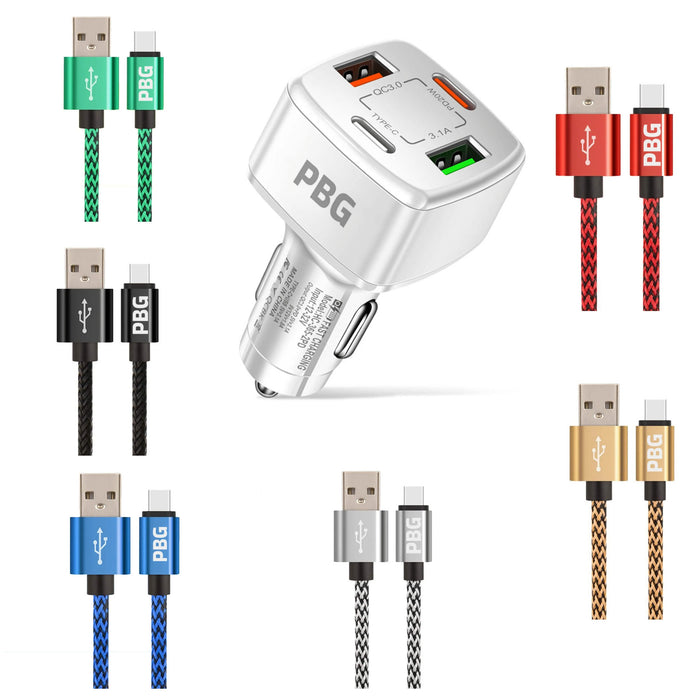 PBG 4 Port PD/USB Car Charger and 10Ft. Zebra Style Lightning Cable Bundle by DailySale