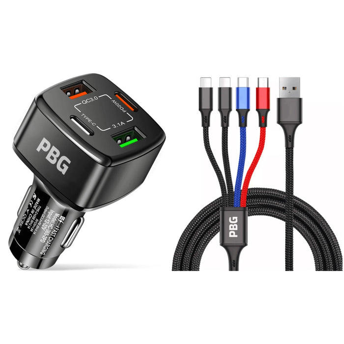 PBG 4 Port PD/USB Car Charger and 4 in 1 Nylon Cable Bundle by DailySale